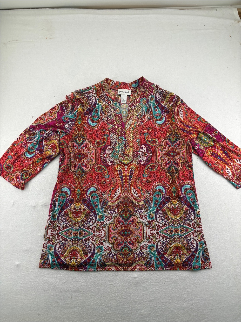 Peck & Peck Petite Sophisticate Red Multi Paisley Tunic with Turquoise Accents
